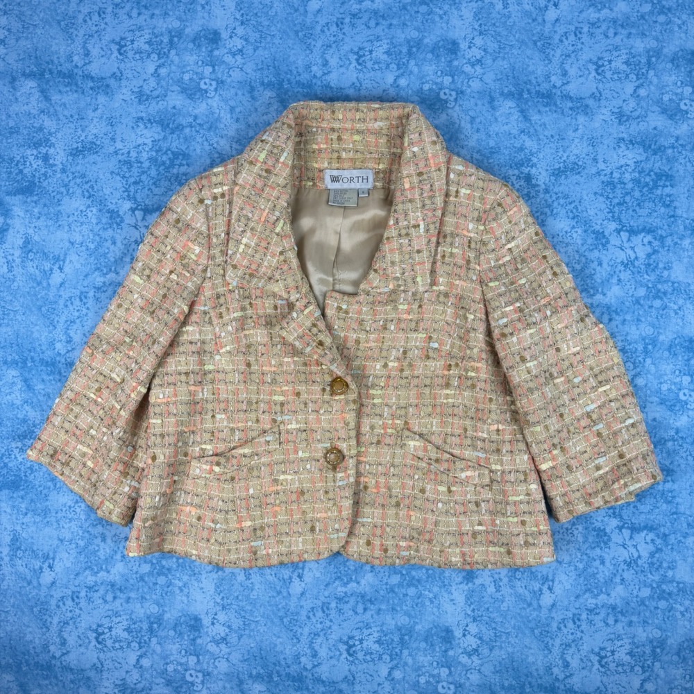 Worth New York Women 8 Cropped Tweed Blazer Jacket Pink Peach Silk Blend